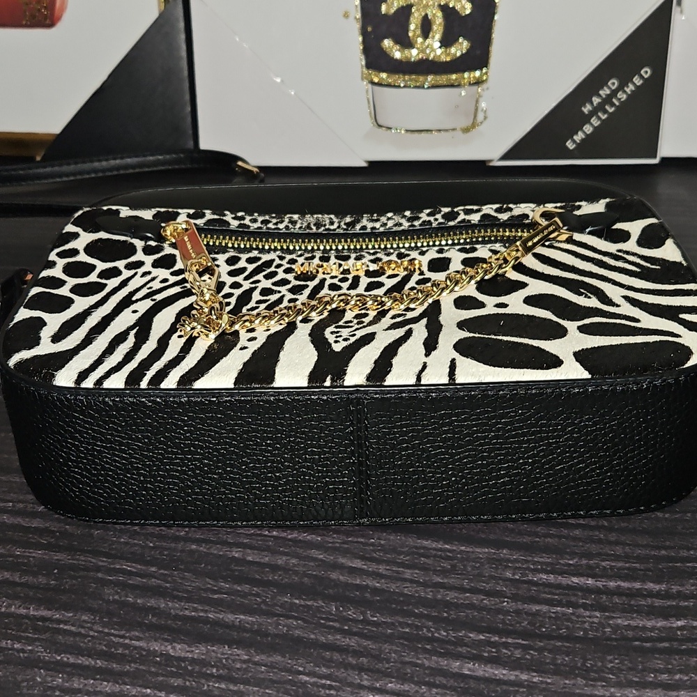 Michael Kors Black and White Zebra Print Crossbody Bag with Gold Chain - Picture 7 of 14